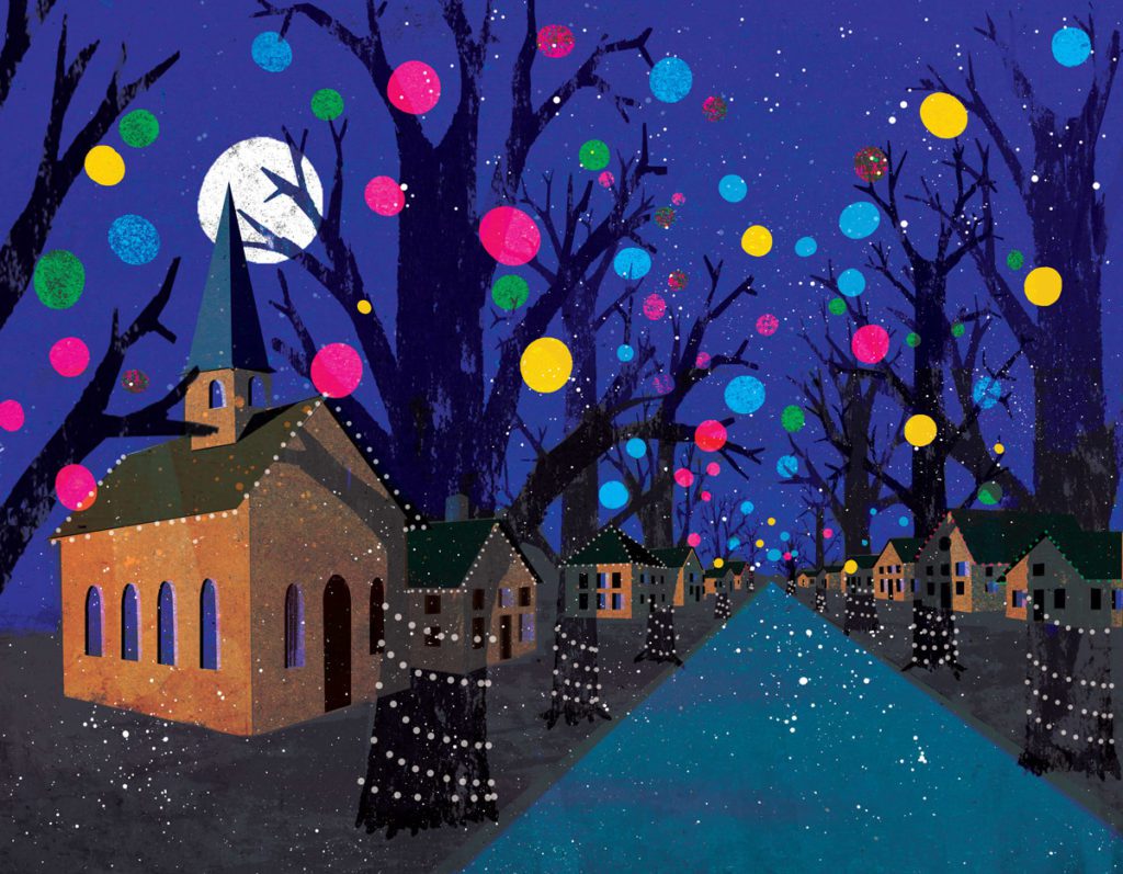 Colorful winter illustration of a church and neighborhood at night